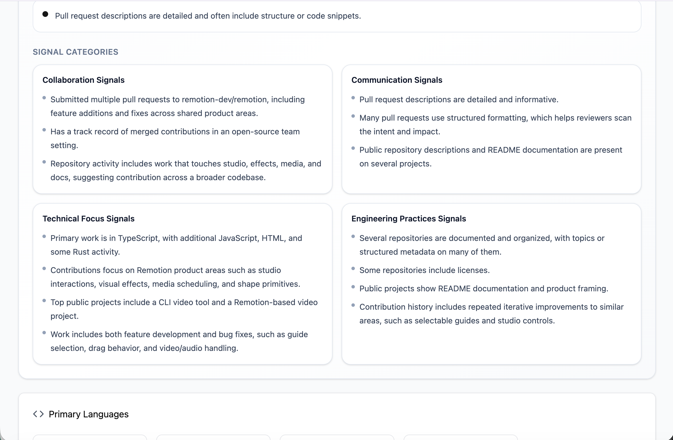 AI signal categories: collaboration, communication, technical focus, engineering practices