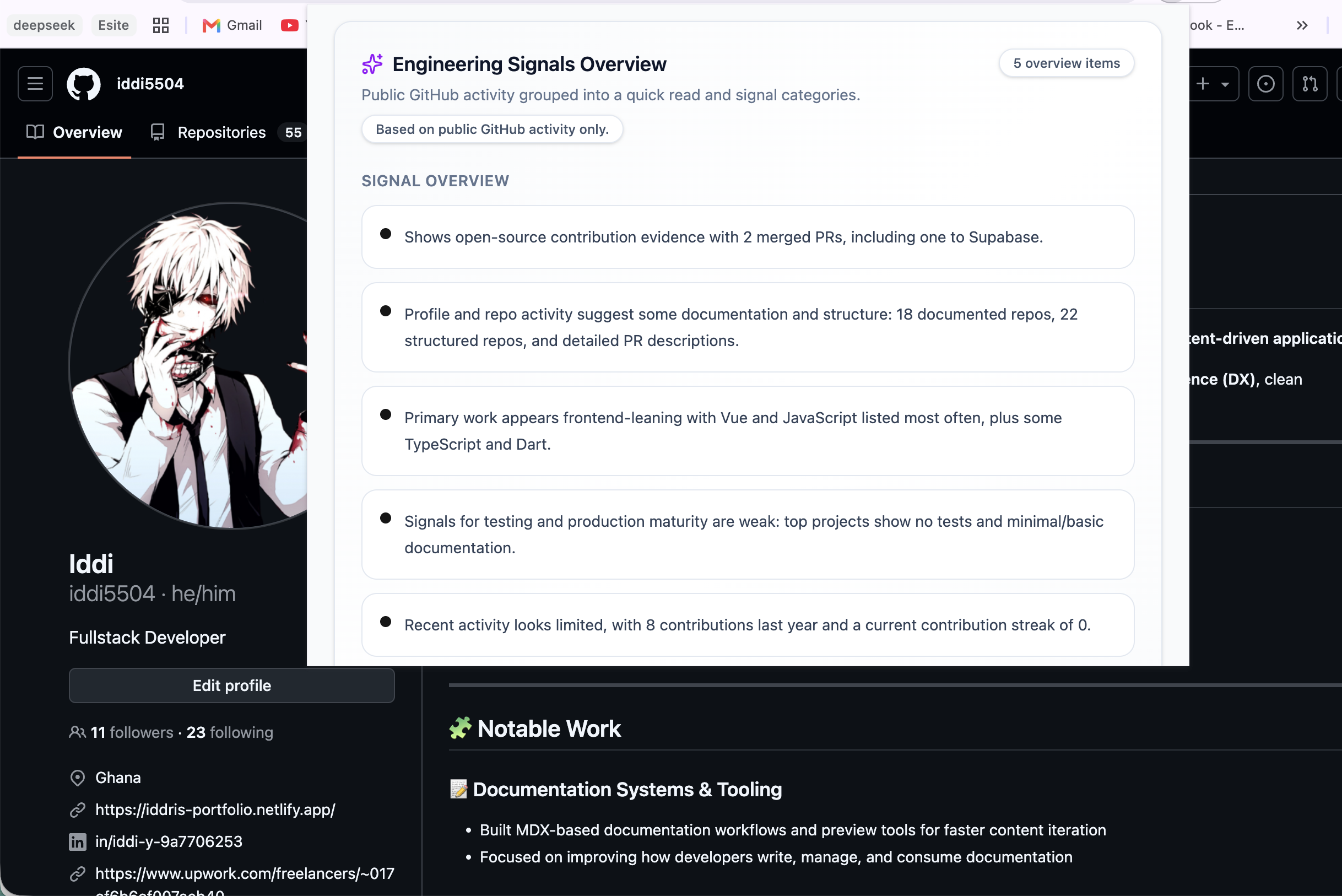 Gitscout Chrome extension overlaid on a GitHub profile page